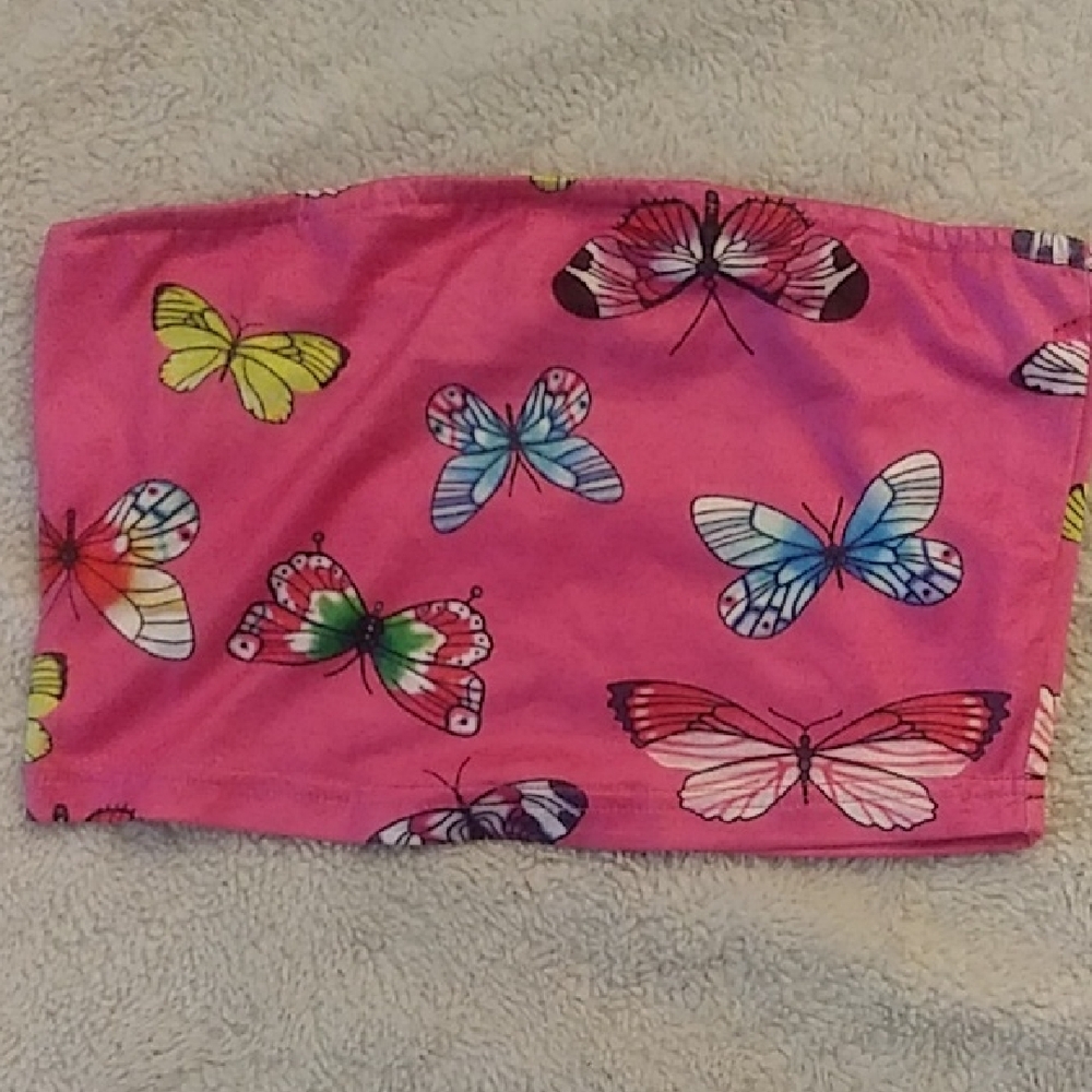 Pink Butterfly Print Strapless Top & Bottom Set